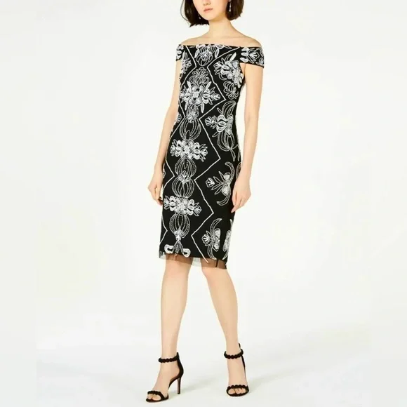 Adrianna Papell | Dresses | Adrianna Papell Off Shoulder Fitted Beaded Dress  | Poshmark